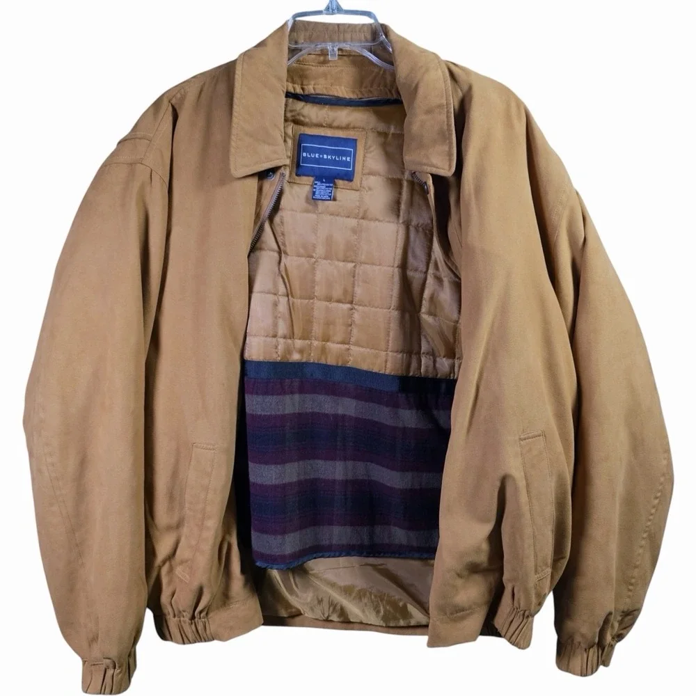 Blue Skyline Mens Micro Suede Bomber Harrington Jacket L Tan Plaid Lined